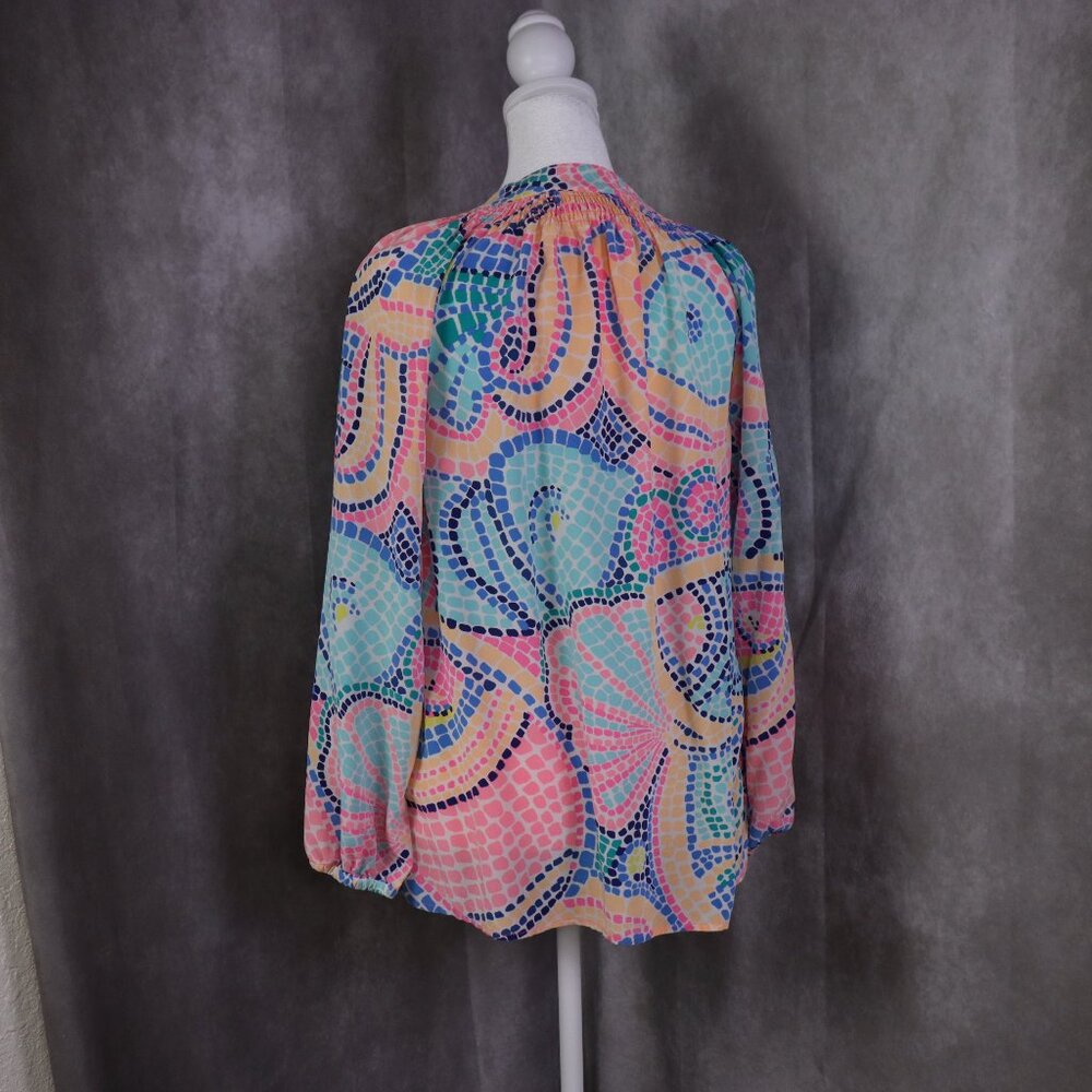 Lilly Pulitzer Elsa Top Womens Small Multicolor Silk Blouse Long Sleeve Beach - Picture 2 of 9